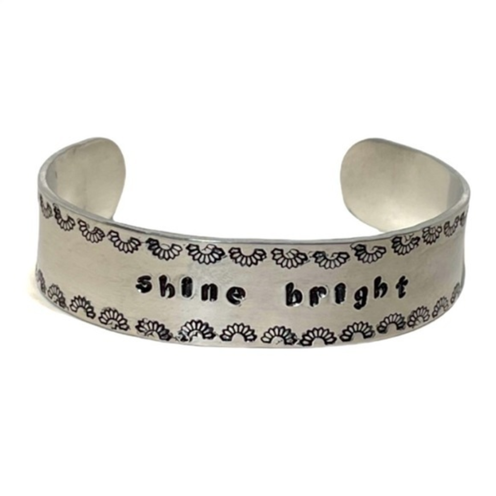 Handmade stamped silver sun border & motivational adjustable cuff bracelet